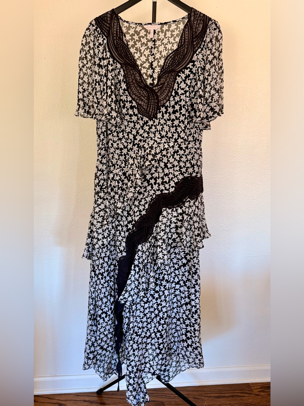 Rebecca Taylor Black and White Floral Midi Dress with Lace Insets